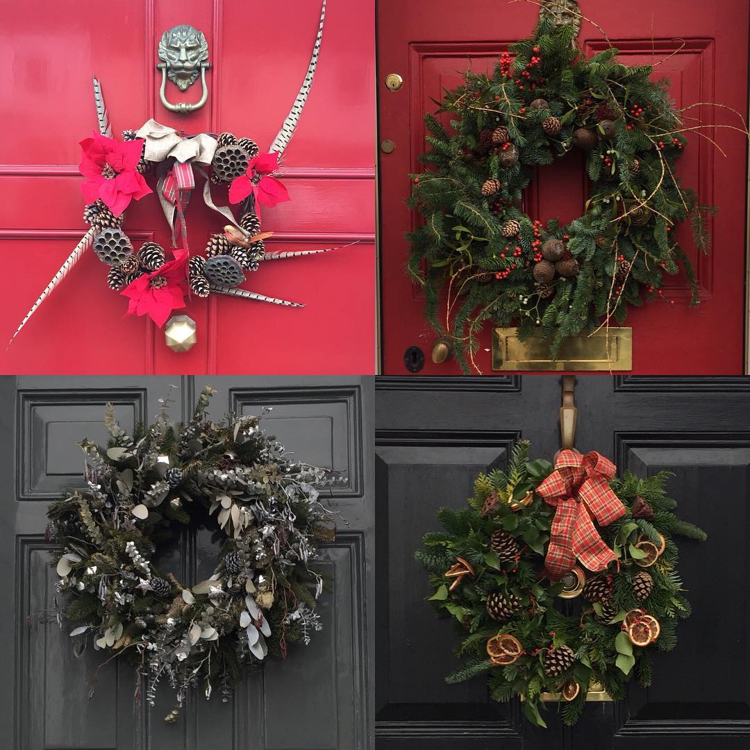 A selection of christmas wreaths found adorning doors.