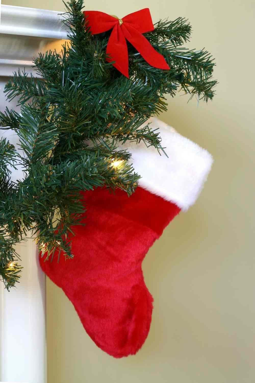 Red bobby printed stockings for the mantelpiece