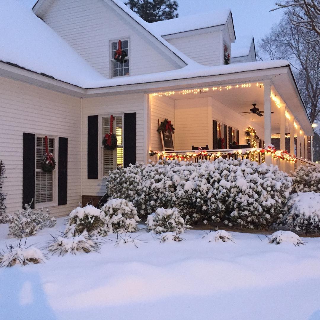 Snow on Christmas decor.