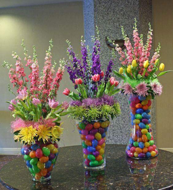 Multicolor Easter Eggs In Vase With Flowers