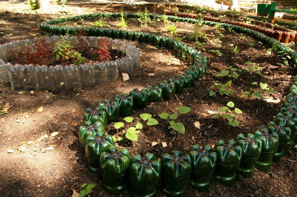 Flower bed from bottles