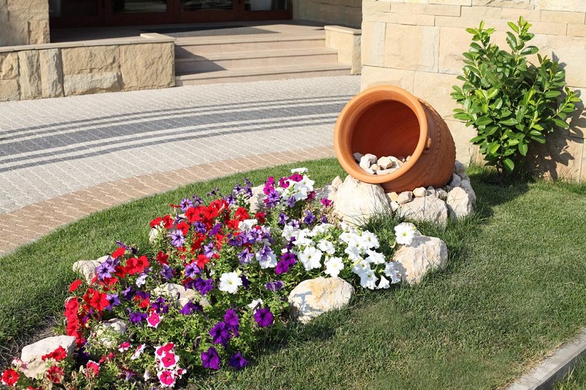 Flower garden with a pot