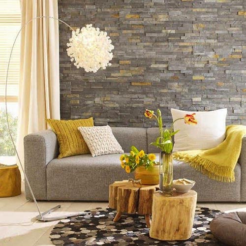 Get a chic touch with a rustic effect wallpaper.
