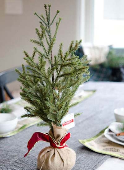 Mini Christmas tree for the table with tied pine needles.