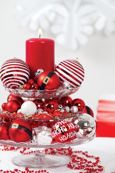 Red Christmas table decorations centerpiece.