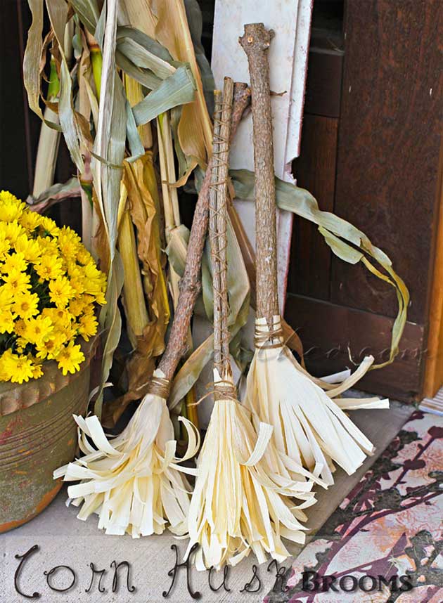 Spooky corn husk witch brooms.