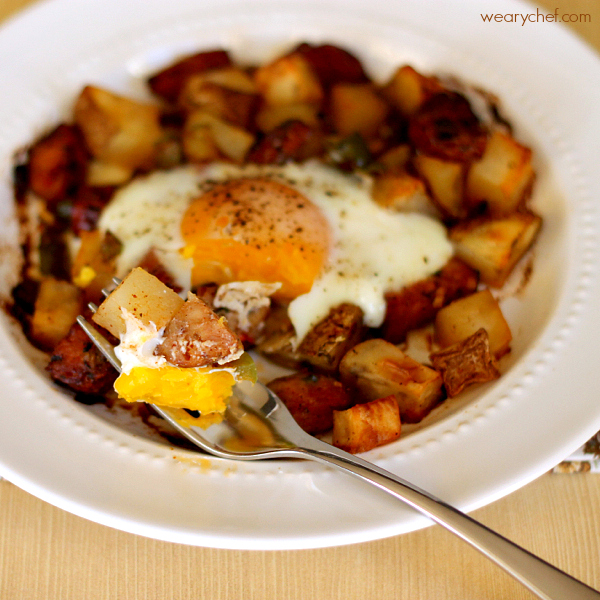 Baked Egg over Roasted Potatoes and Sausage