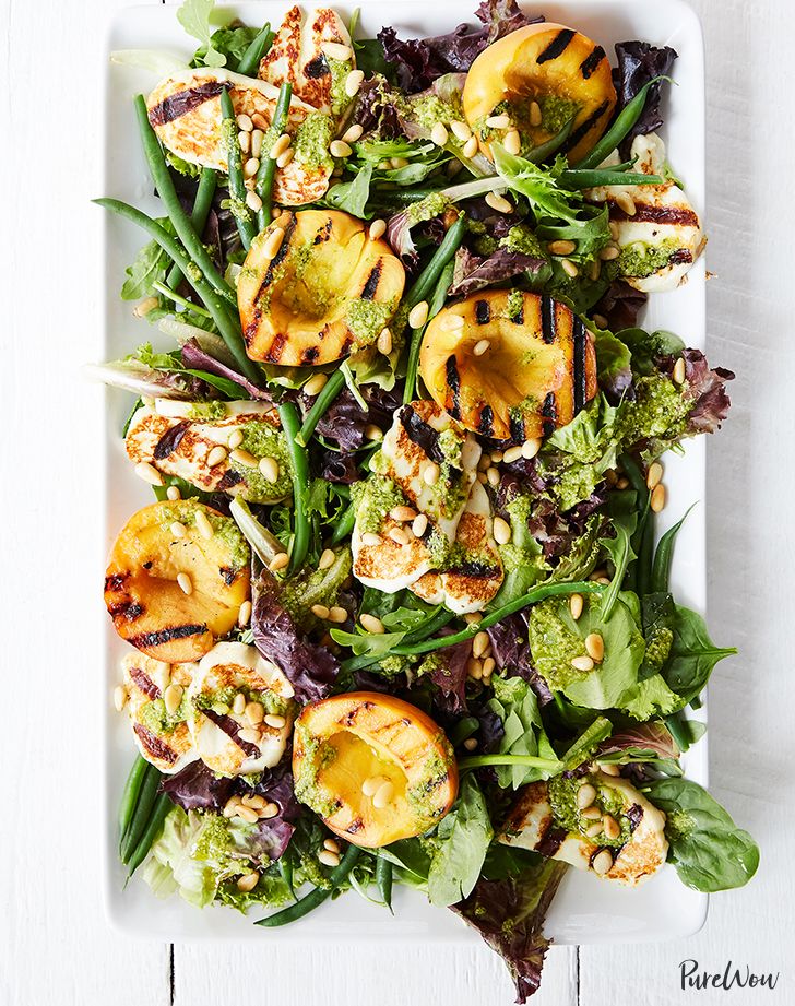 Grilled Peach and Halloumi Salad with Lemon-Pesto Dressing