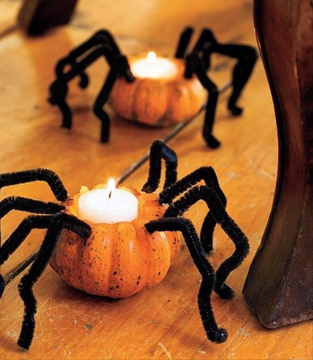Spider candle holder made from a pumpkin