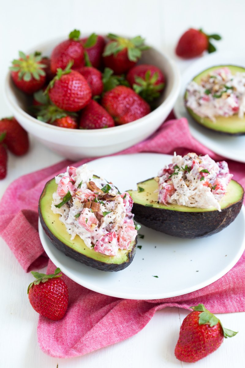 Strawberry Pecan Chicken Salad in Avocado Bowls