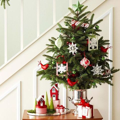 #Small #Christmas #Tree Tabletop tree with paper ornaments in a silver bucket