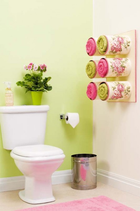 Upcycle tin cans into towel storage cubbies - DIY Bathroom Shelves