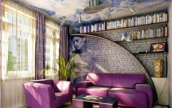 #Wall #Coverings Urban living room with purple sofa