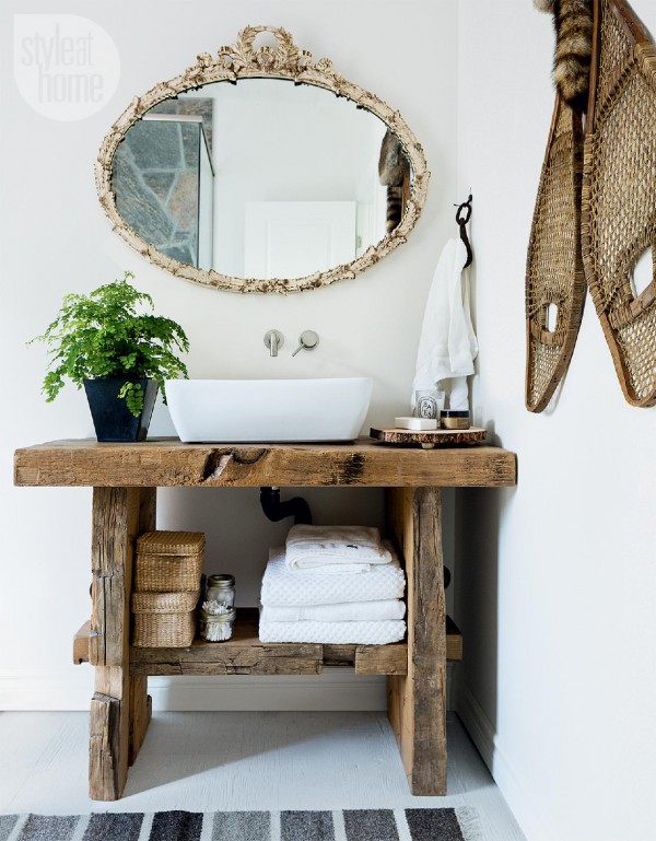 Vintage mirror in a rustic bathroom