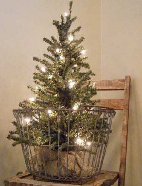 #Small #Christmas #Tree old egg basket, lights and burlap