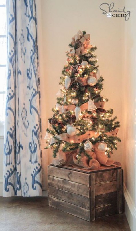 #Small #Christmas #Tree rustic Christmas tree on a crate decorated with burlap, ornaments and pinecones