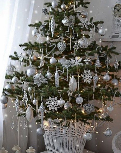 #Small #Christmas #Tree small tree in a basket, silver and white ornaments