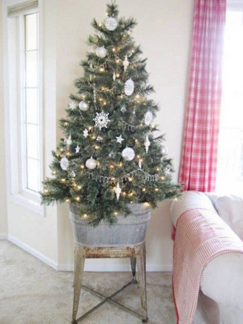 #Small #Christmas #Tree small tree in a bucket decorated with white ornaments