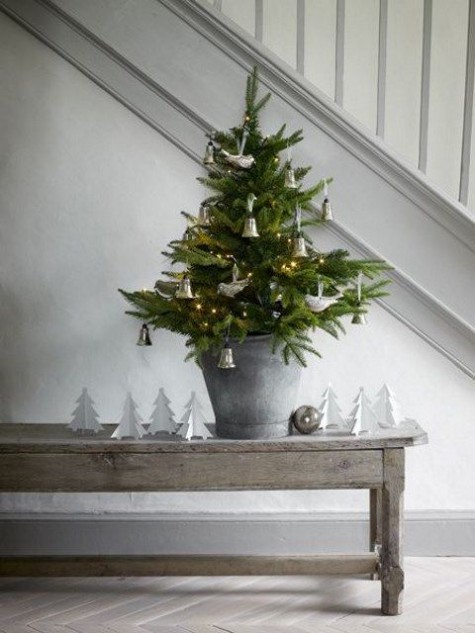 #Small #Christmas #Tree small tree with bell and bird ornaments in a galvanized bucket
