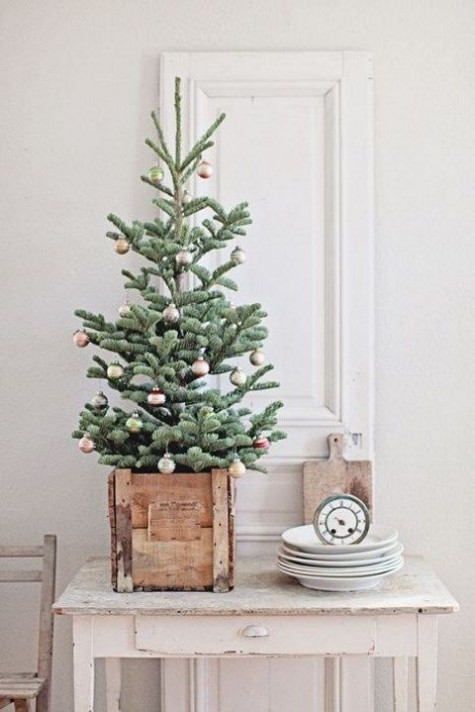 #Small #Christmas #Tree tiny tabletop tree in a crate, tiny ornaments