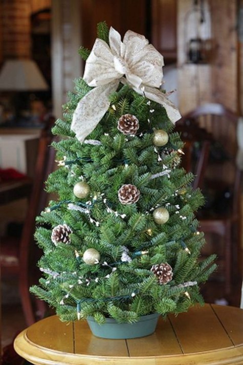 #Small #Christmas #Tree tiny tabletop tree with ornaments, pinecones and a bow