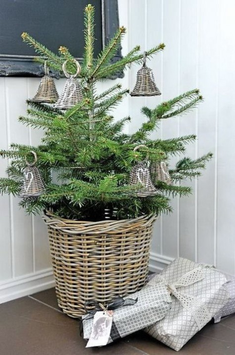 #Small #Christmas #Tree tiny tree in a large basket, woven bells for ornaments