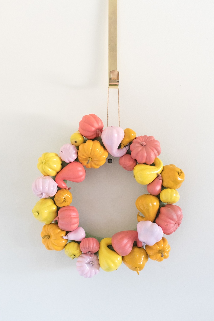 Colorful pumpkin wreaths.