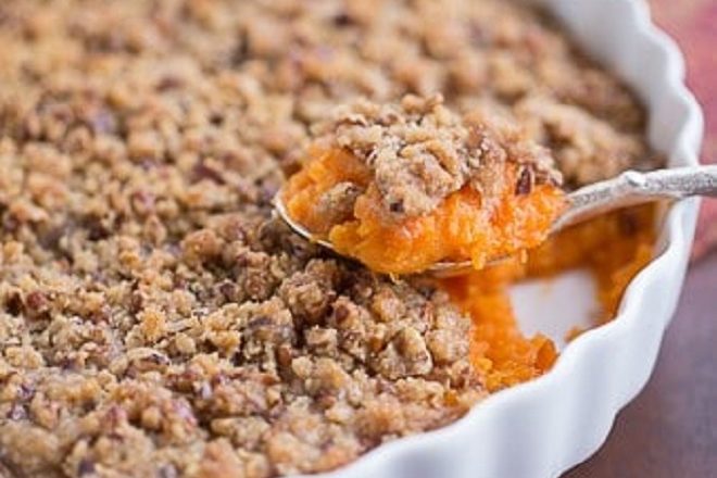 Roasted Sweet Potato Casserole with Praline Streusel