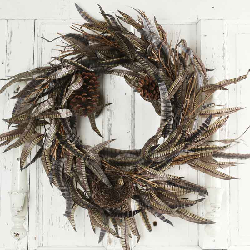 Rustic Faux Pheasant Feather Wreath.