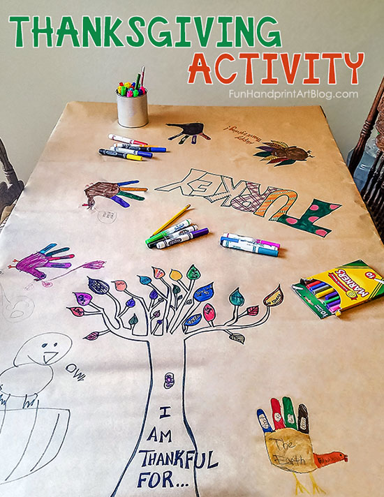 Invitation to Create a Thanksgiving Tablecloth with Hand Turkey Drawings.