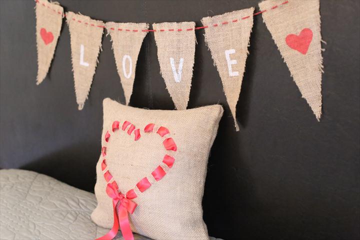 Burlap & Ribbon Heart Pillow.