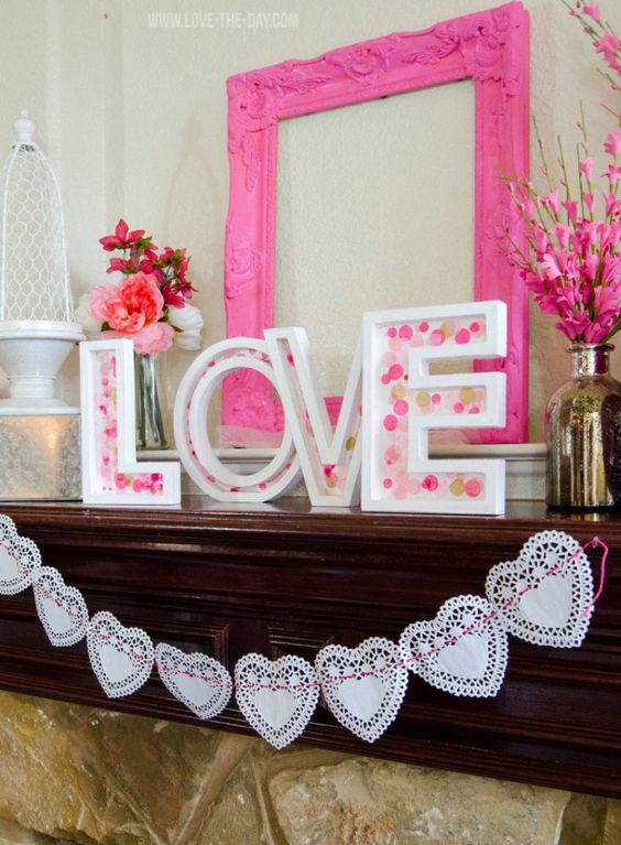 Confetti Love Letters And Doily Garland Decorated Mantel.  Valentine’s Day Garlands Decorations
