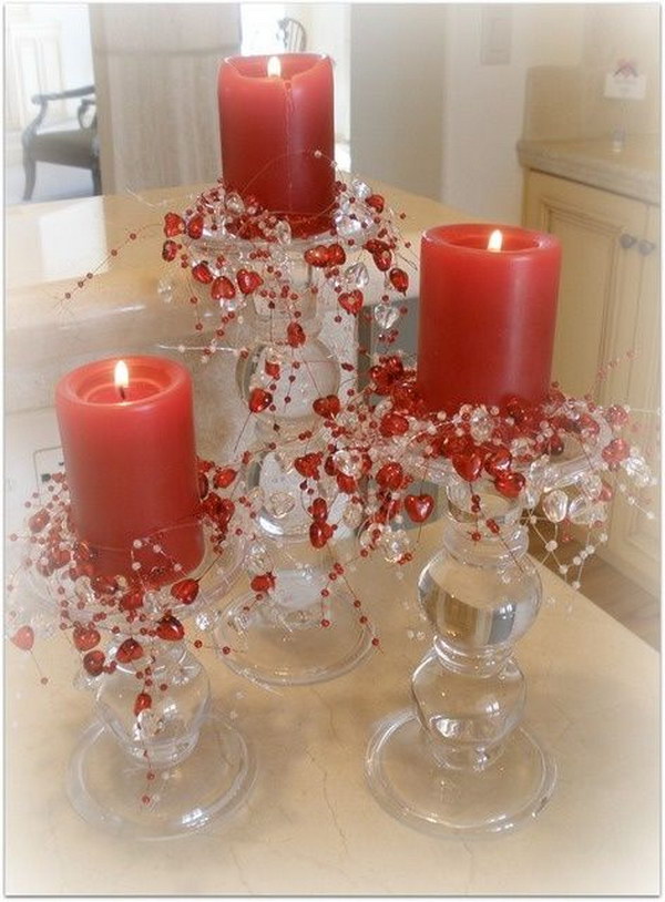 Crystals and Hearts around the Candlesticks for Valentine’s Day Decor.