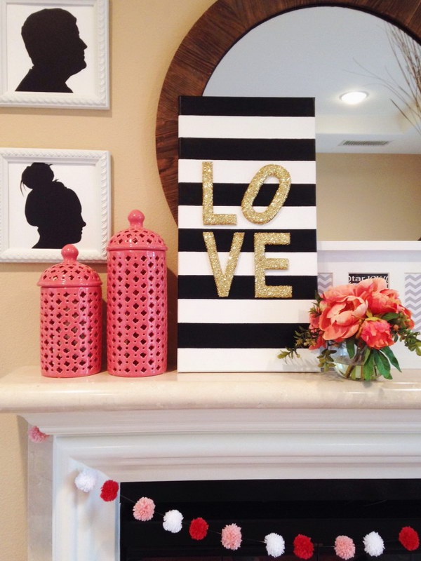 DIY Glitter Love Canvas Sign And Pom Pom Garland.  Valentine’s Day Garlands Decorations