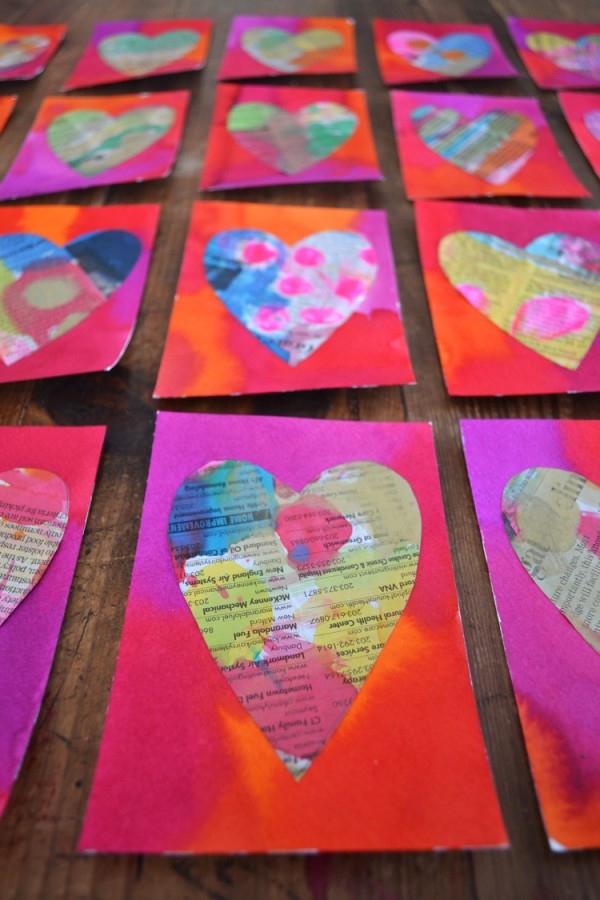 Painted Newspaper Heart Cards.