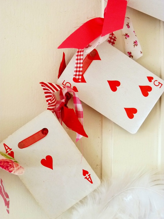 Valentine’s Day Garland Playing Card and Knotted Fabric.