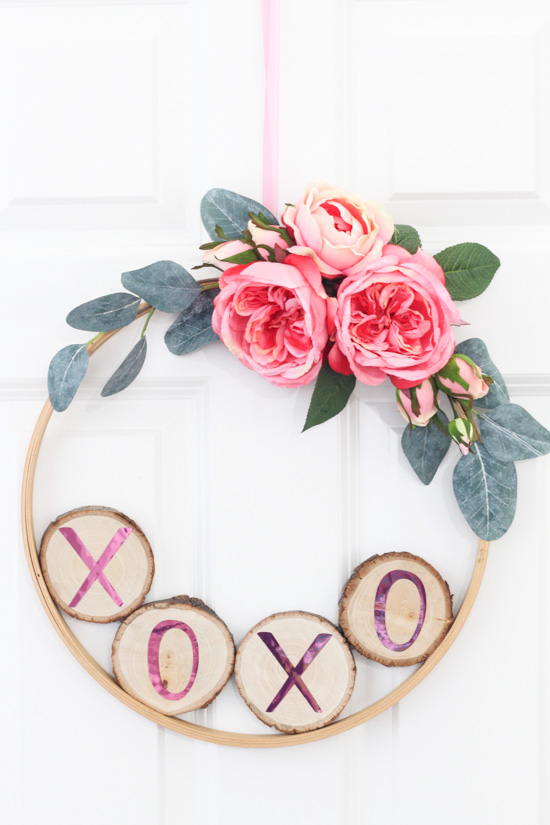Valentine’s Day Hoop Wreath with Wood Slices.
