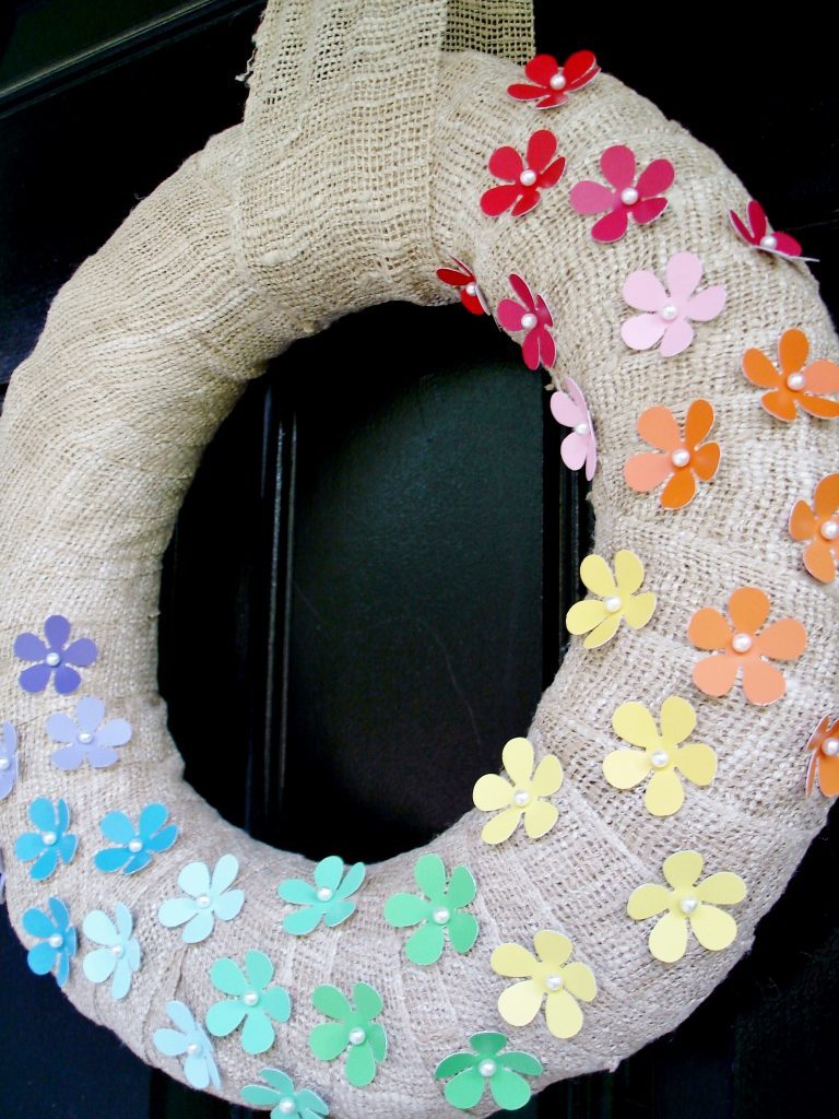 Burlap and Paint Chip Flower Wreath.