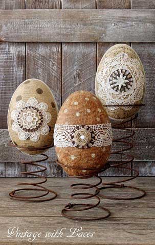 Paper mache Easter eggs on rusty bed springs. Easter Outdoor Decor