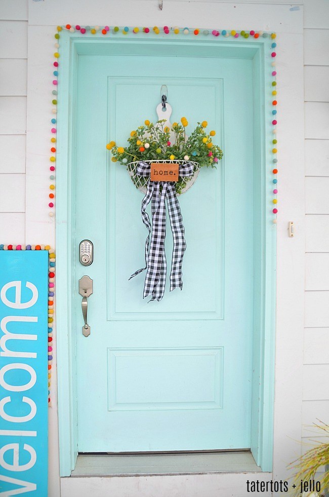 Spring Farmhouse Floral Pom Pom Wreath.