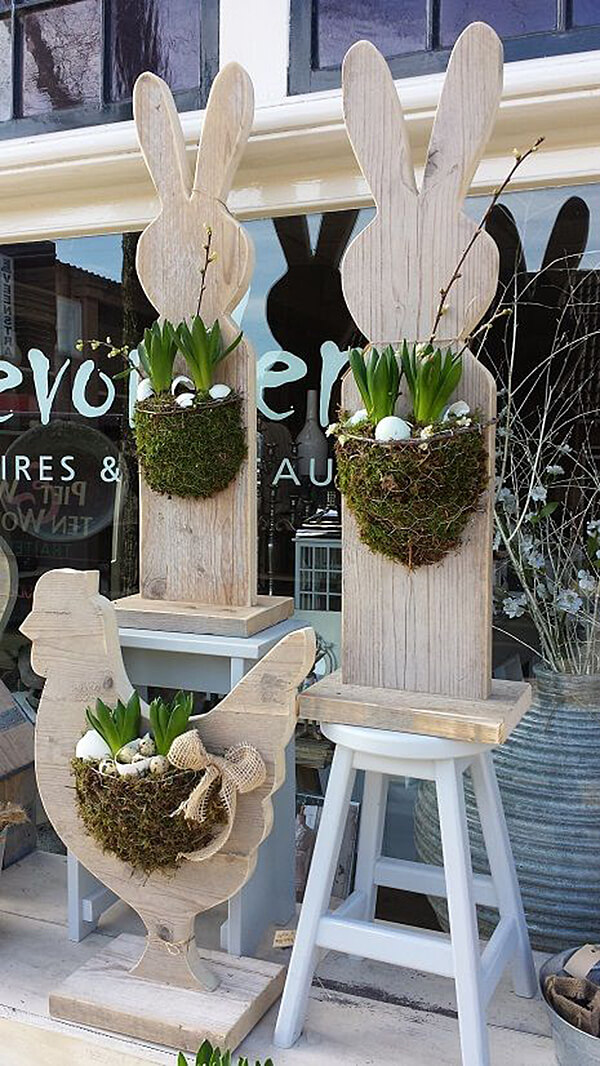 Wood Easter Bunny and Chicken Planters. Easter Outdoor Decor