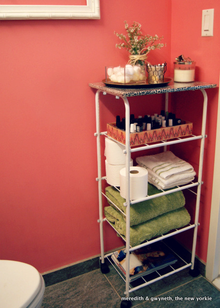 Cart in the bathroom to storage towels.