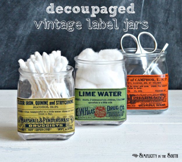 Decoupaged Vintage Labeled Jars.