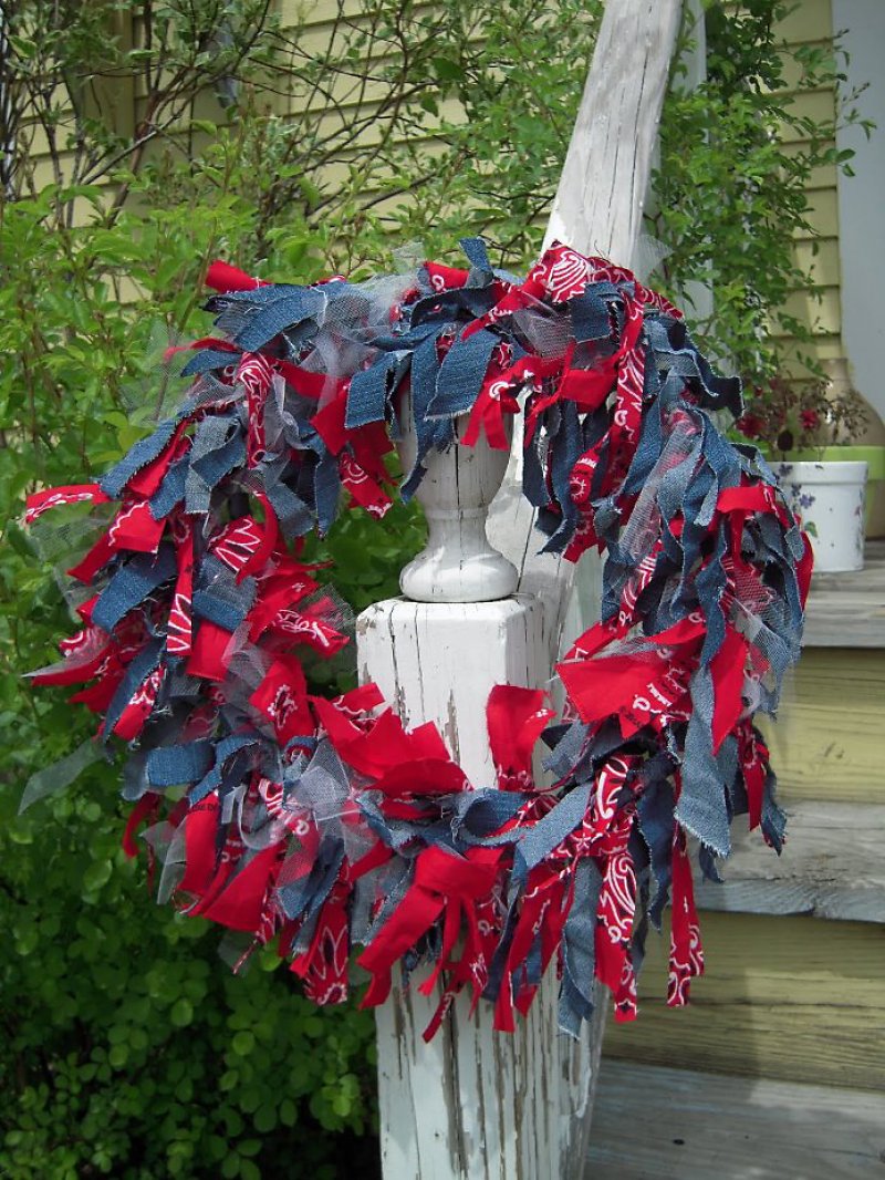 Patriotic Red-Bandana Recycled Denim Wreath.