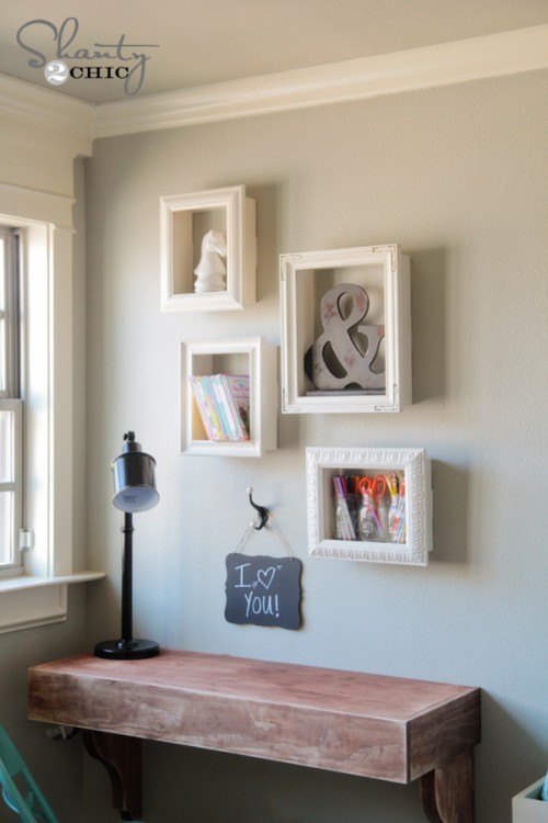 Picture frame shelves are stylish as well as functional.