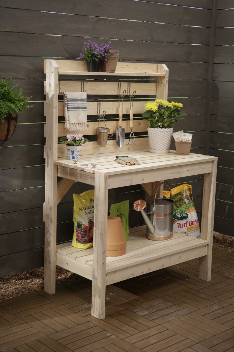 Potting Bench with Vertical Board for Hanging Tools.