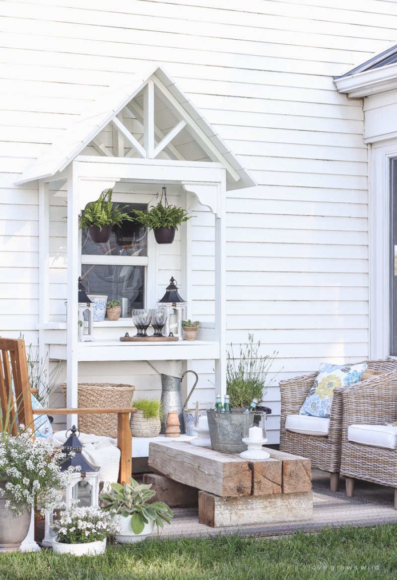 Potting Bench with a Decorative Roof.