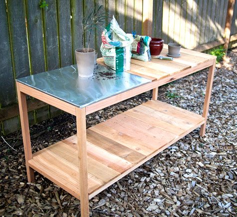 Potting Table with a Metal Surface.