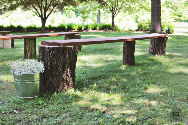 Rustic log bench is sure to delight.