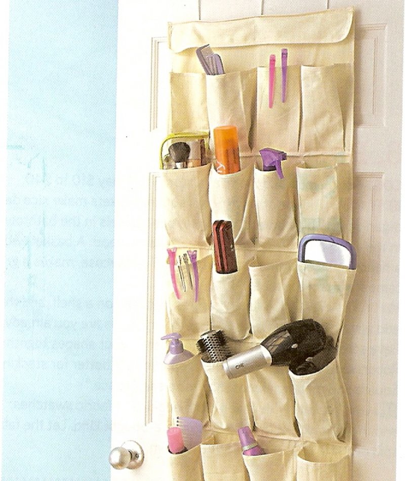 Shoe organizer can be hung on the bathroom door.